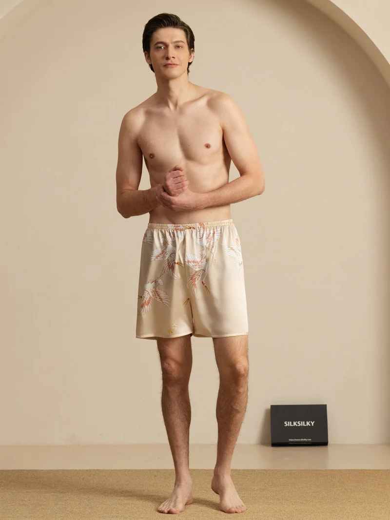 19 Momme Reine Seide Herren-Schlafshorts mit Kranichmuster und Elastikbund