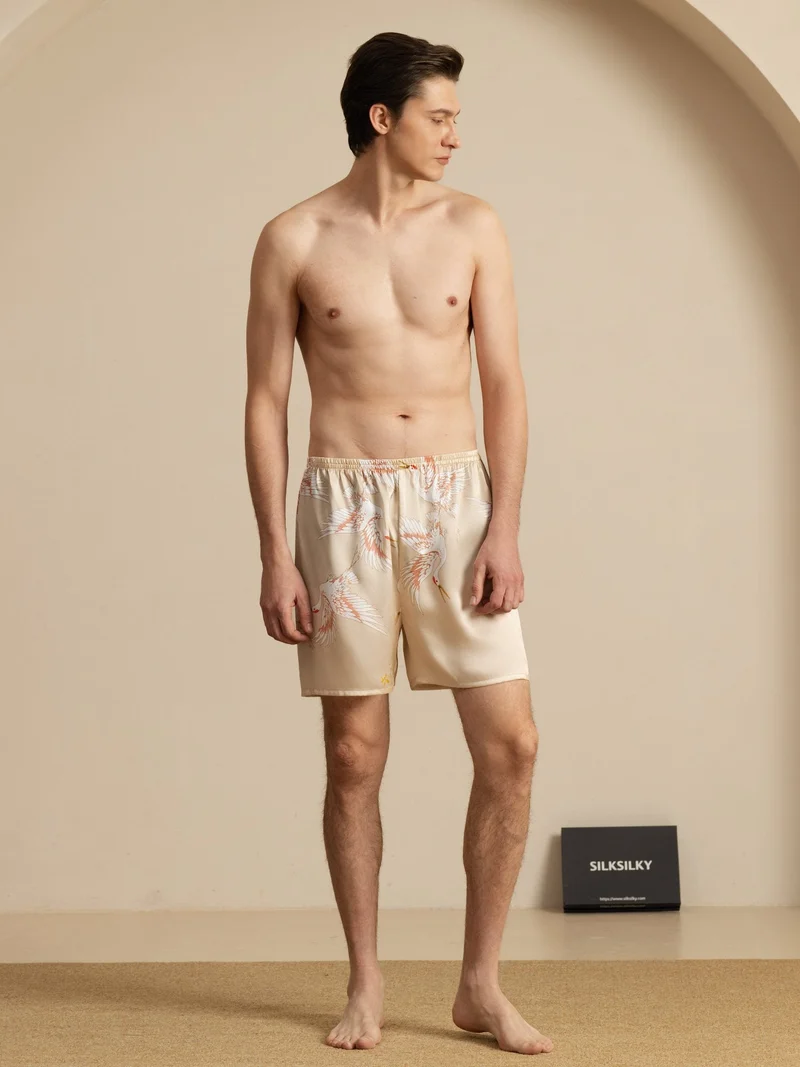 19 Momme Reine Seide Herren-Schlafshorts mit Kranichmuster und Elastikbund