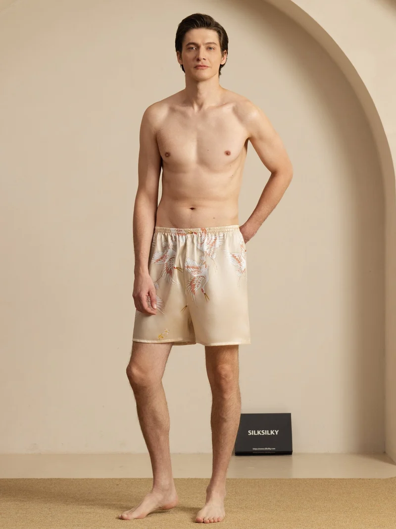 19 Momme Reine Seide Herren-Schlafshorts mit Kranichmuster und Elastikbund