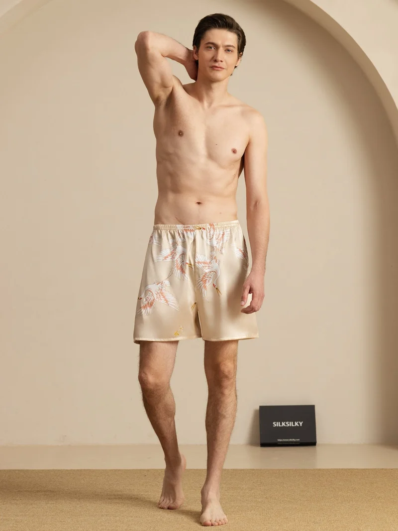 19 Momme Reine Seide Herren-Schlafshorts mit Kranichmuster und Elastikbund