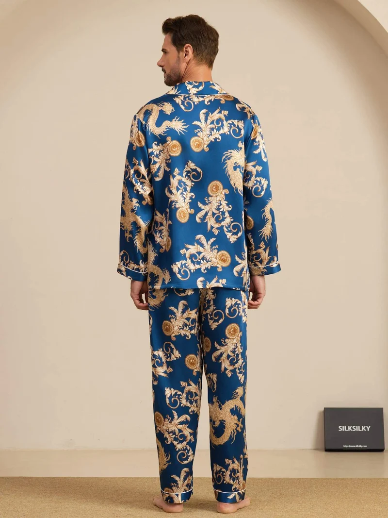 100% Maulbeerseide Herren-Langarm-Pyjama-Set mit Drachenmuster und Reverskragen