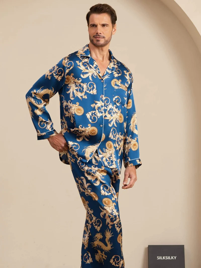 100% Maulbeerseide Herren-Langarm-Pyjama-Set mit Drachenmuster und Reverskragen