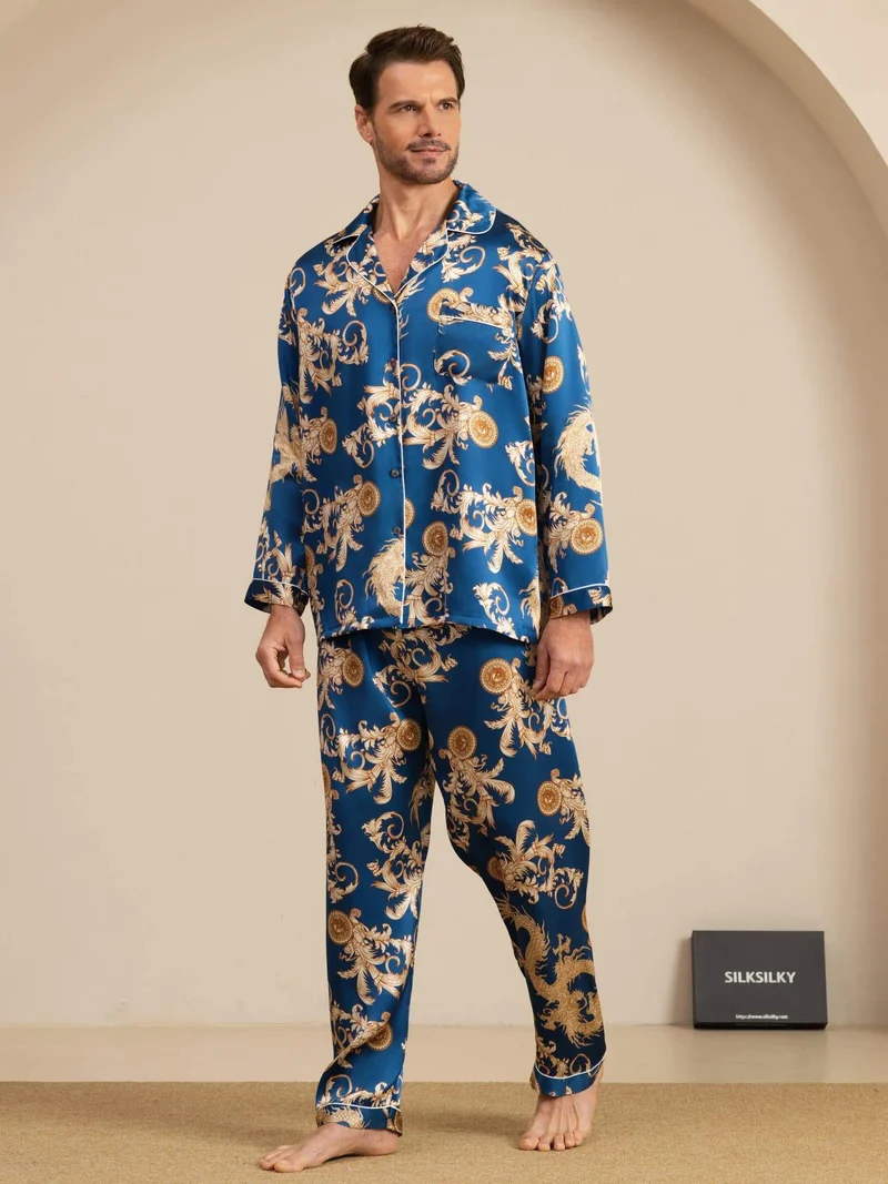 100% Maulbeerseide Herren-Langarm-Pyjama-Set mit Drachenmuster und Reverskragen