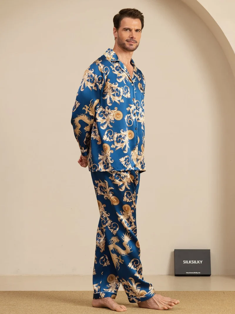 100% Maulbeerseide Herren-Langarm-Pyjama-Set mit Drachenmuster und Reverskragen
