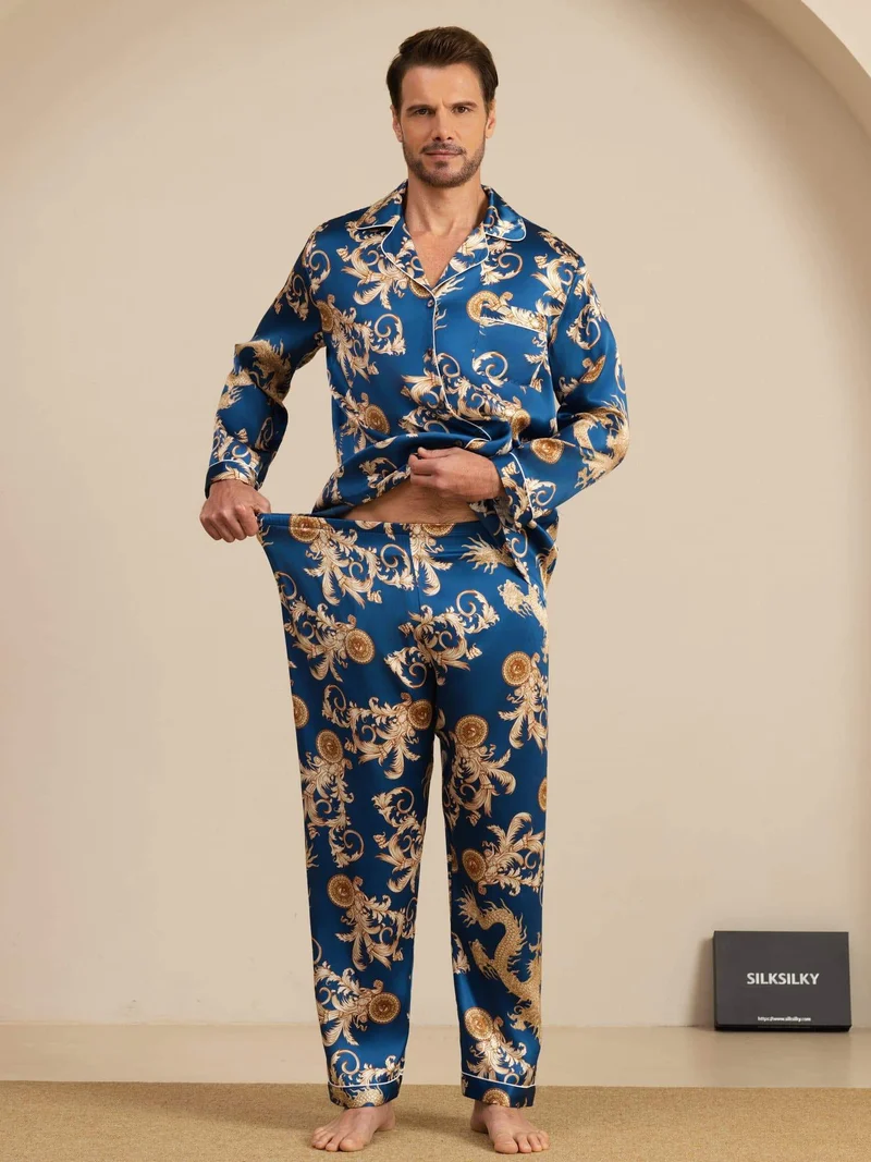 100% Maulbeerseide Herren-Langarm-Pyjama-Set mit Drachenmuster und Reverskragen