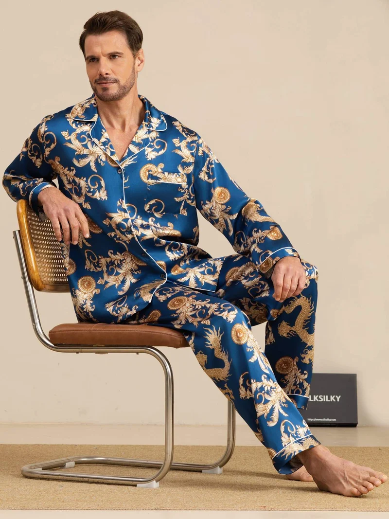 100% Maulbeerseide Herren-Langarm-Pyjama-Set mit Drachenmuster und Reverskragen