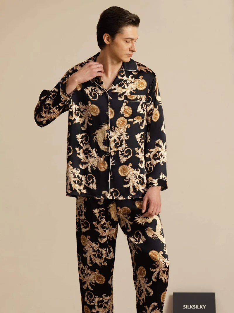 100% Maulbeerseide Herren-Langarm-Pyjama-Set mit Drachenmuster und Reverskragen
