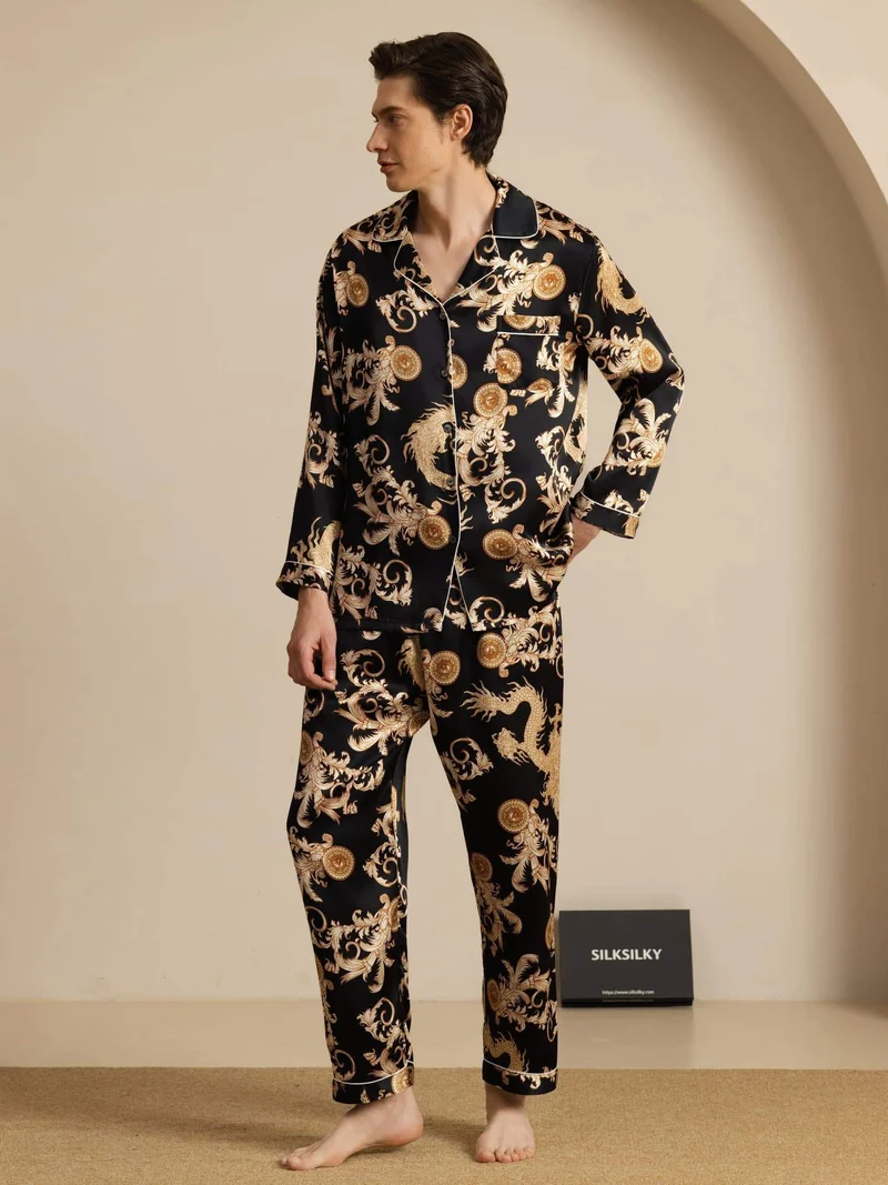 100% Maulbeerseide Herren-Langarm-Pyjama-Set mit Drachenmuster und Reverskragen
