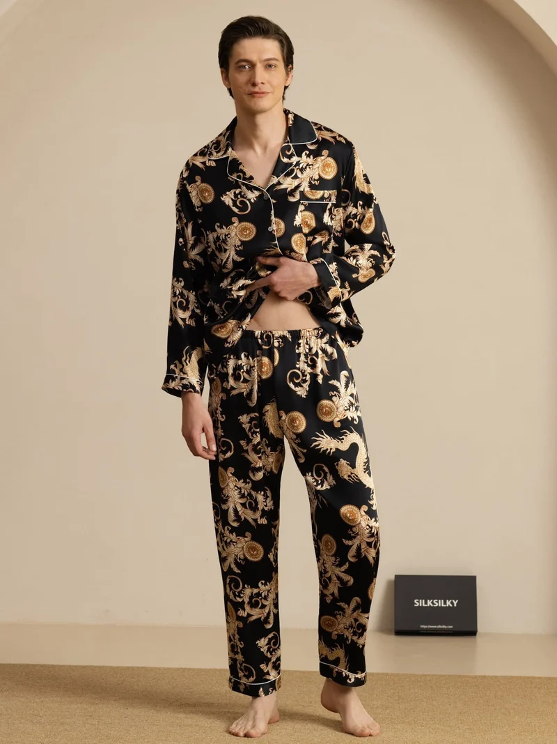 100% Maulbeerseide Herren-Langarm-Pyjama-Set mit Drachenmuster und Reverskragen