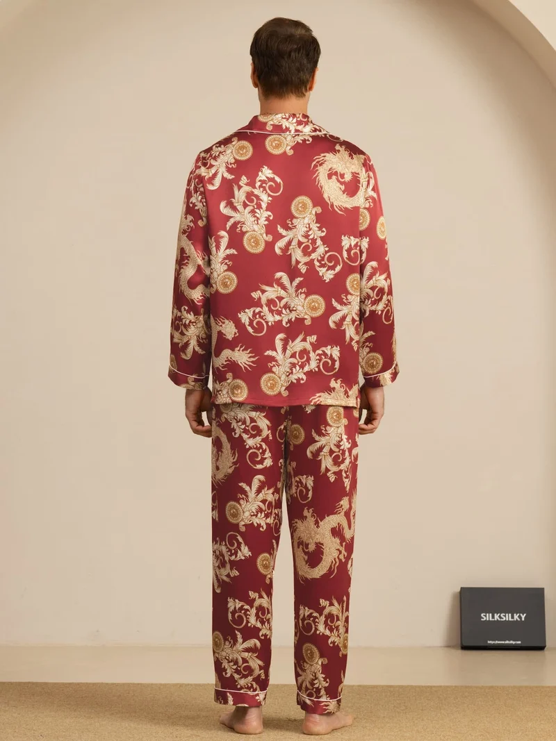 100% Maulbeerseide Herren-Langarm-Pyjama-Set mit Drachenmuster und Reverskragen