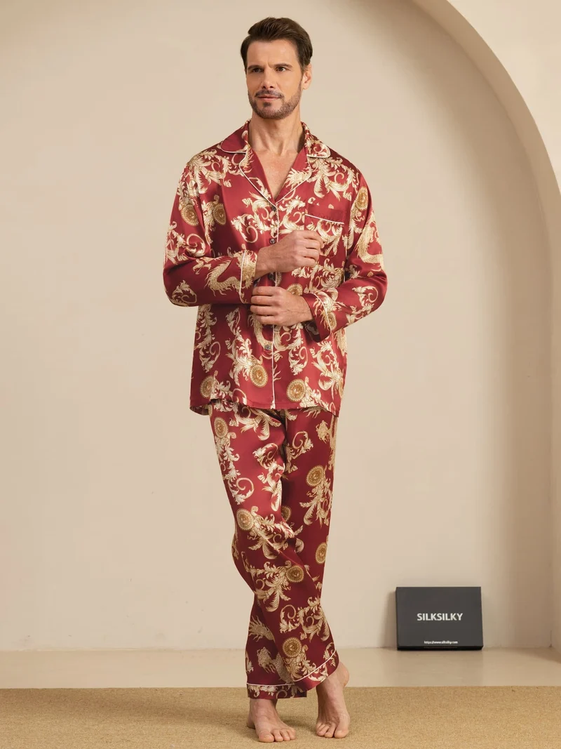 100% Maulbeerseide Herren-Langarm-Pyjama-Set mit Drachenmuster und Reverskragen
