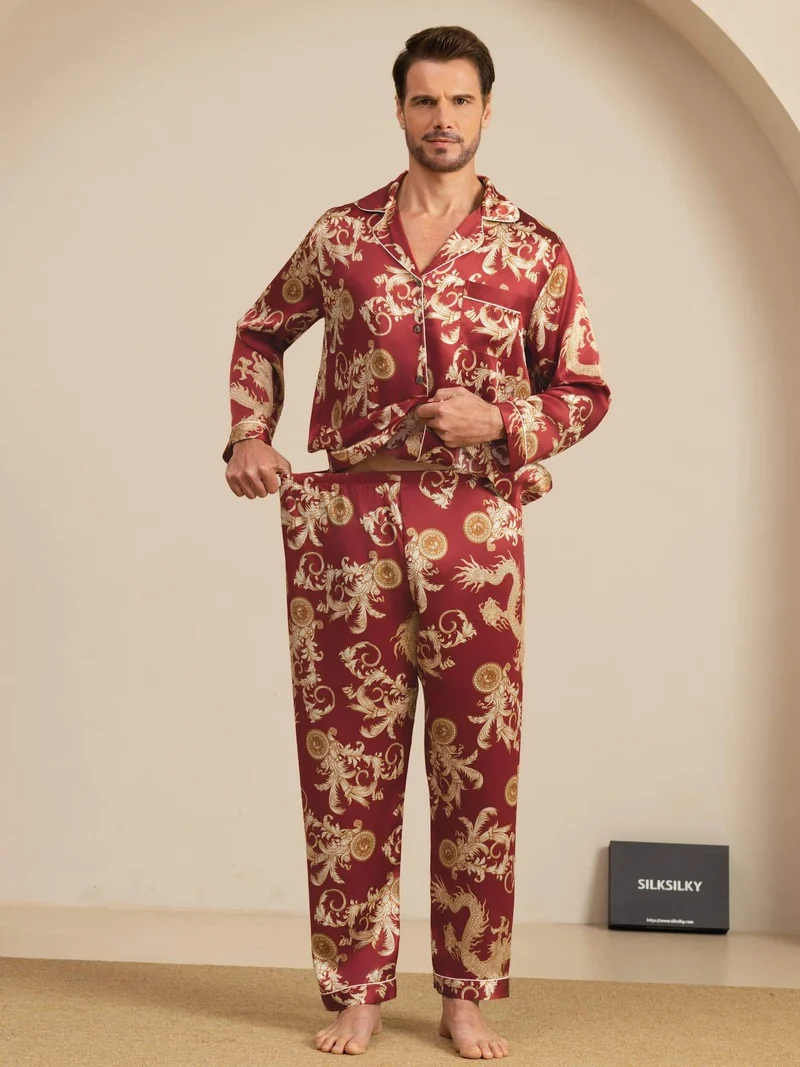 100% Maulbeerseide Herren-Langarm-Pyjama-Set mit Drachenmuster und Reverskragen