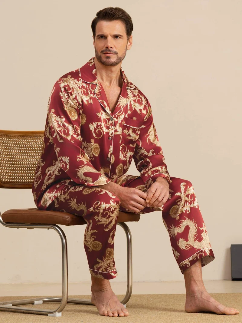 100% Maulbeerseide Herren-Langarm-Pyjama-Set mit Drachenmuster und Reverskragen