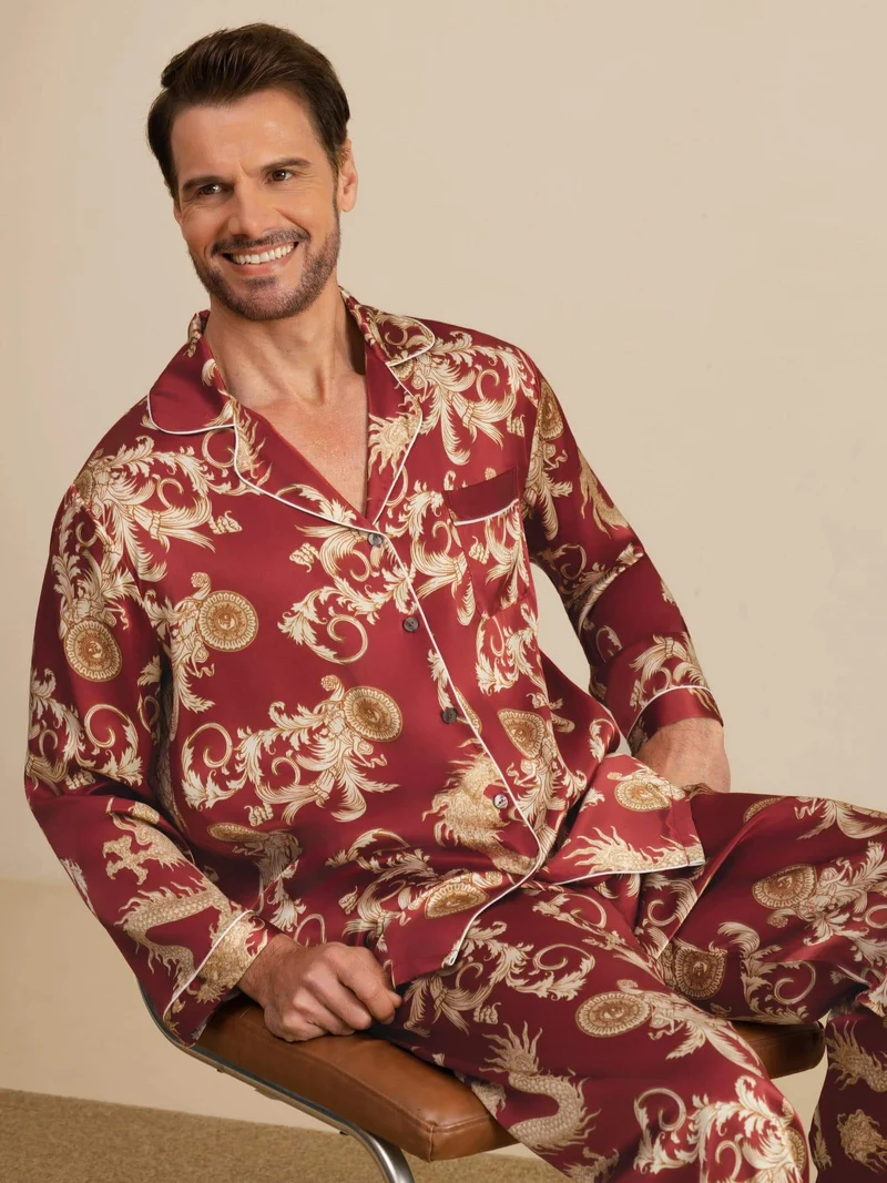100% Maulbeerseide Herren-Langarm-Pyjama-Set mit Drachenmuster und Reverskragen