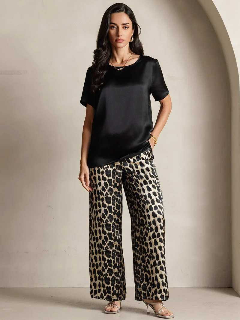 Clearance - Damen Reine Seide Kurzarm Rundhals Uni Oberteil Und Leopardenmuster Hose Pyjama Set