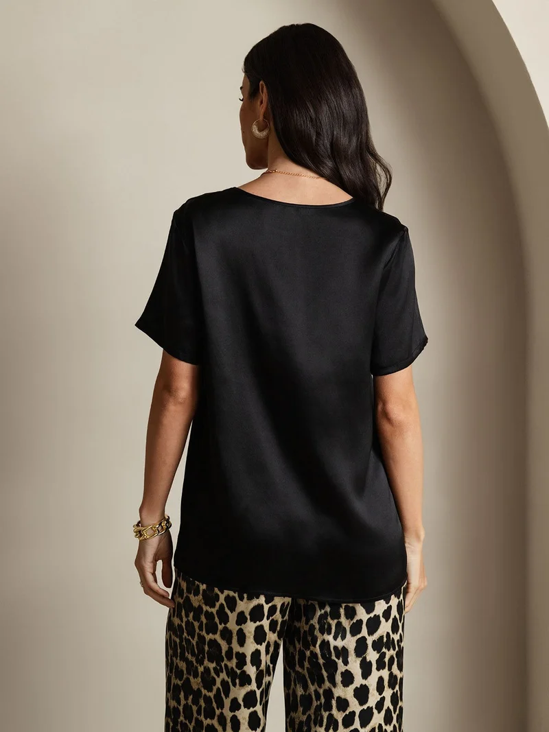 Clearance - Damen Reine Seide Kurzarm Rundhals Uni Oberteil Und Leopardenmuster Hose Pyjama Set