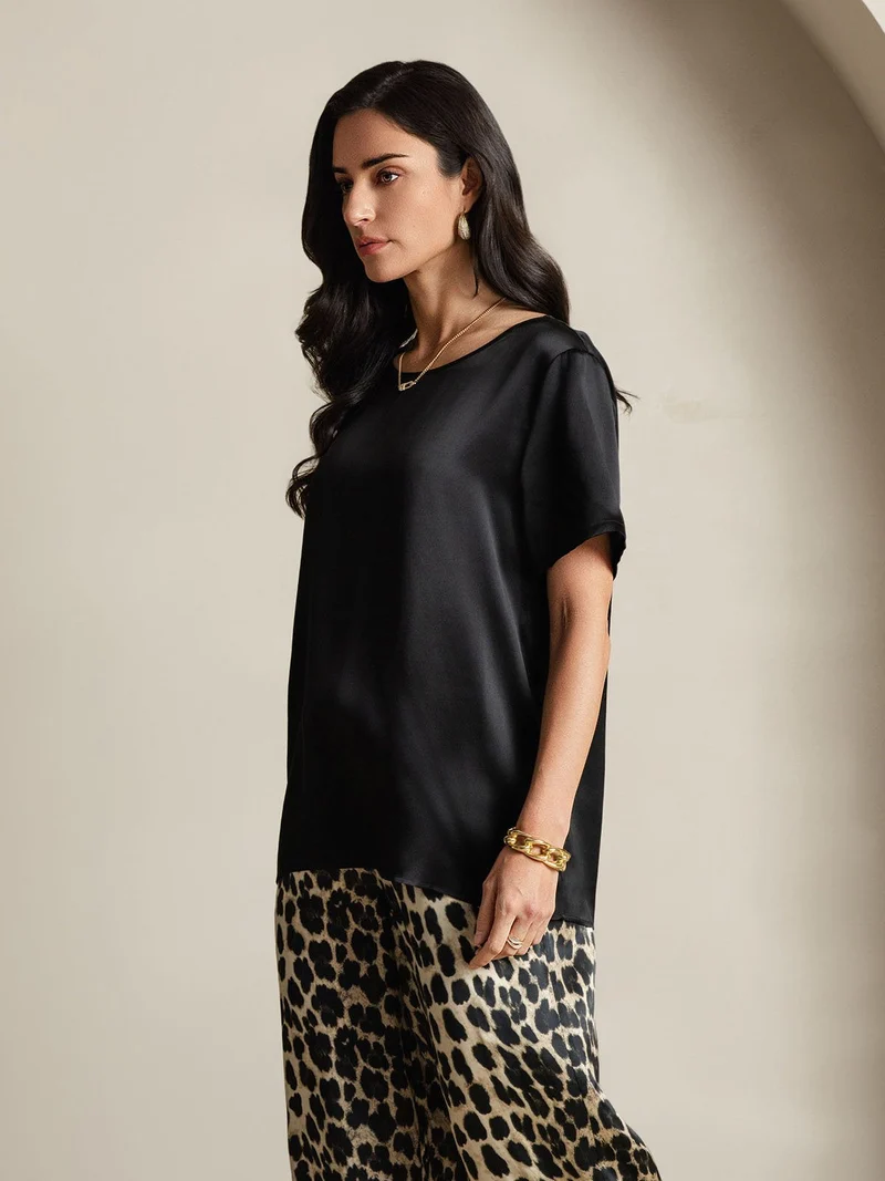 Clearance - Damen Reine Seide Kurzarm Rundhals Uni Oberteil Und Leopardenmuster Hose Pyjama Set
