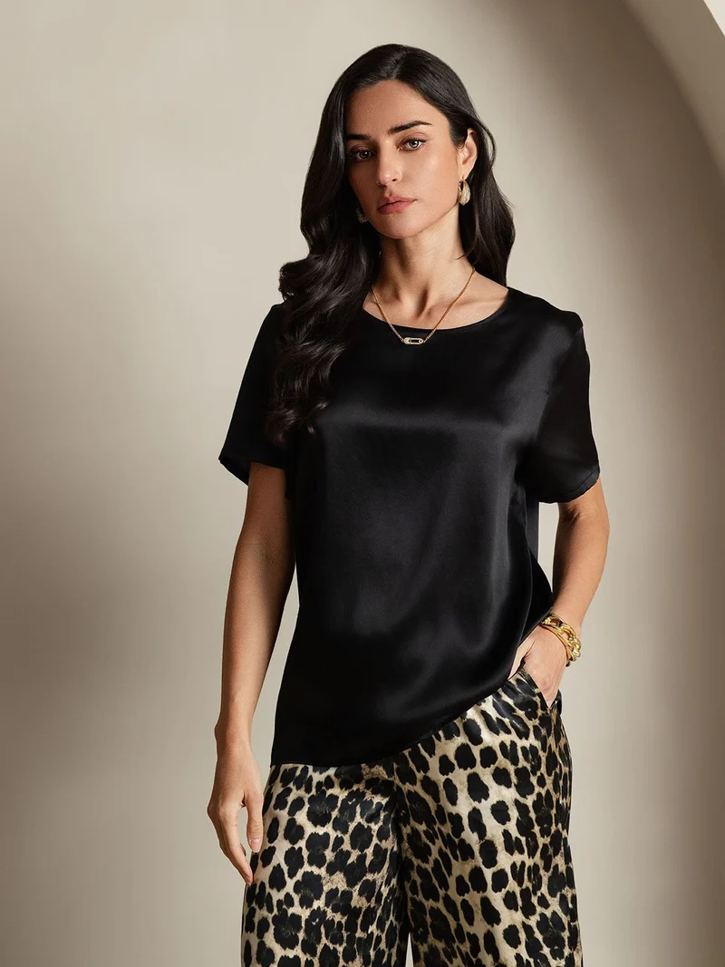 Clearance - Damen Reine Seide Kurzarm Rundhals Uni Oberteil Und Leopardenmuster Hose Pyjama Set