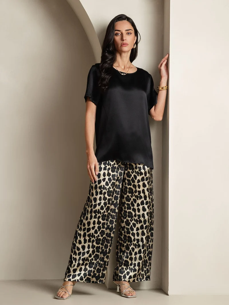 Clearance - Damen Reine Seide Kurzarm Rundhals Uni Oberteil Und Leopardenmuster Hose Pyjama Set