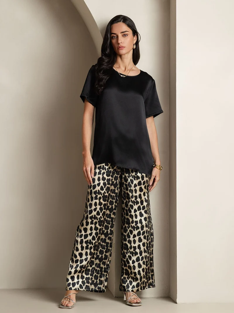 Clearance - Damen Reine Seide Kurzarm Rundhals Uni Oberteil Und Leopardenmuster Hose Pyjama Set