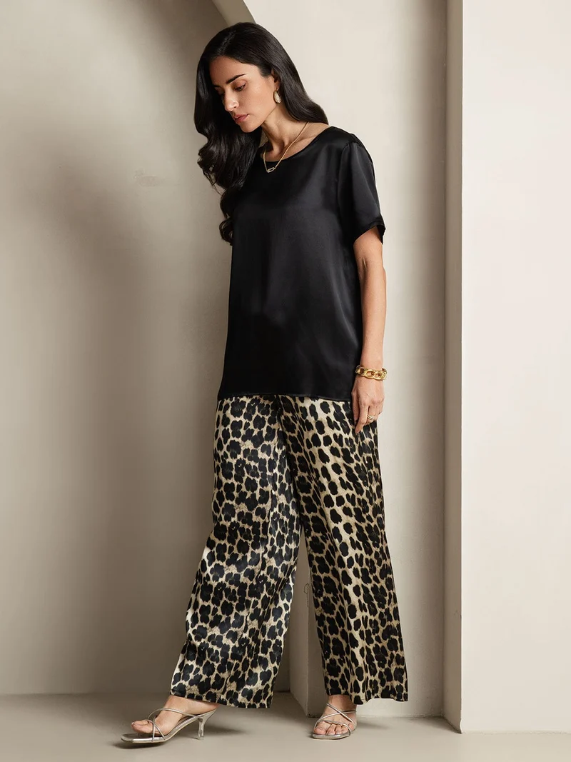 Clearance - Damen Reine Seide Kurzarm Rundhals Uni Oberteil Und Leopardenmuster Hose Pyjama Set