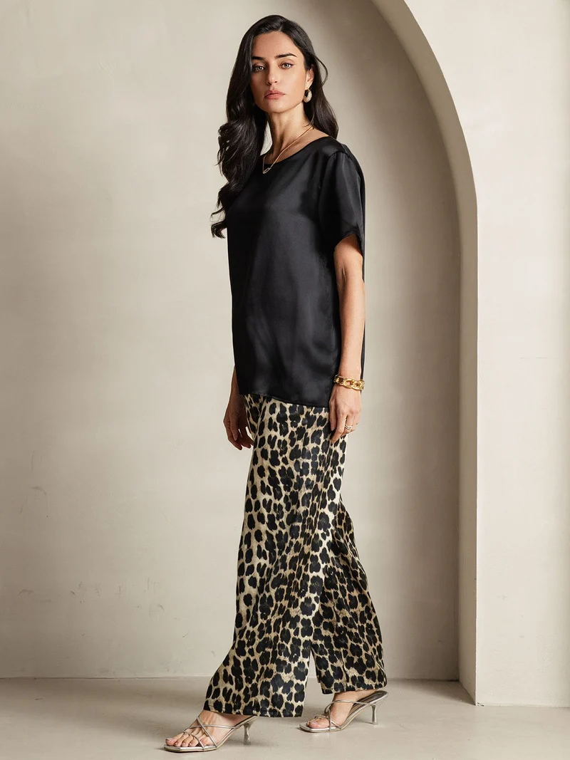 Clearance - Damen Reine Seide Kurzarm Rundhals Uni Oberteil Und Leopardenmuster Hose Pyjama Set