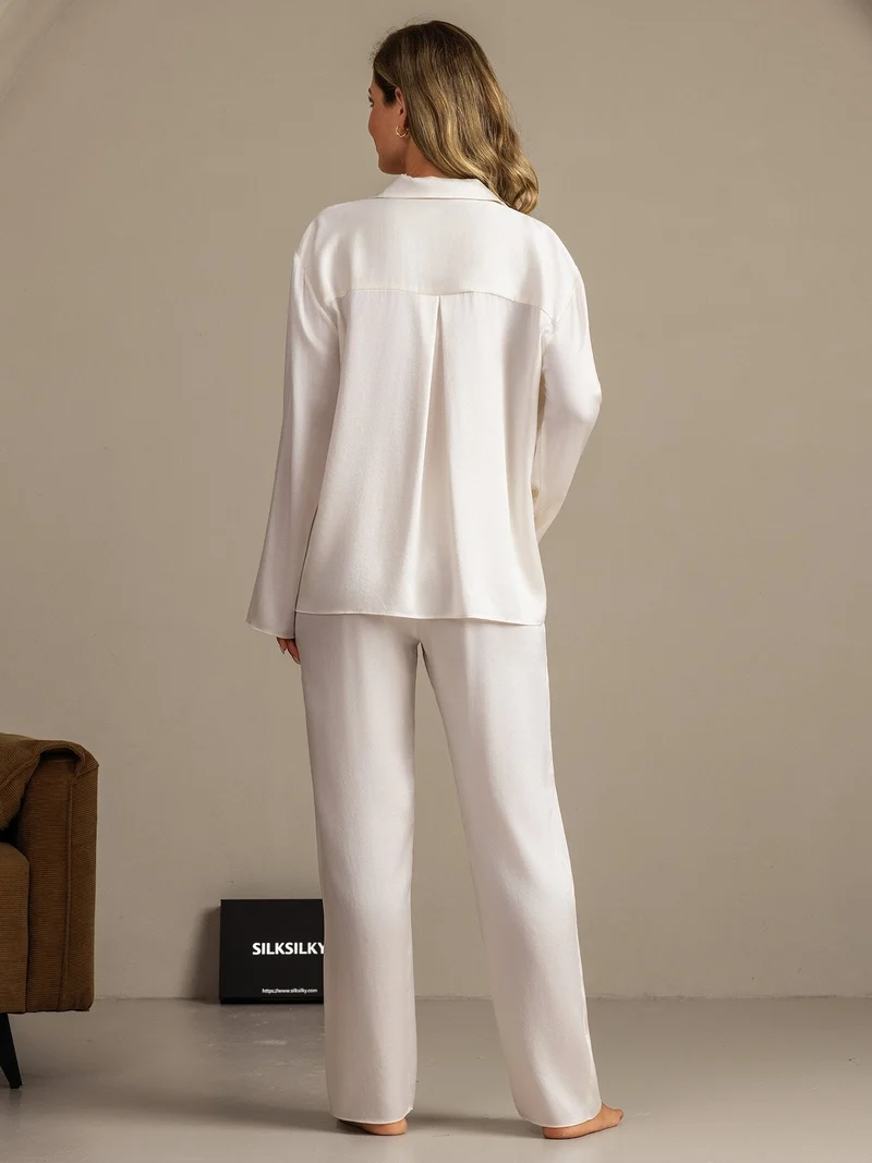 Clearance - 19Momme Waschbare Seide Langarm Notch Kragen Damen Schlafanzug Set