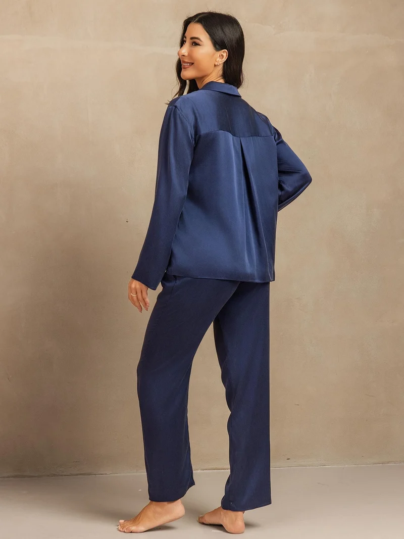 Clearance - 19Momme Waschbare Seide Langarm Notch Kragen Damen Schlafanzug Set