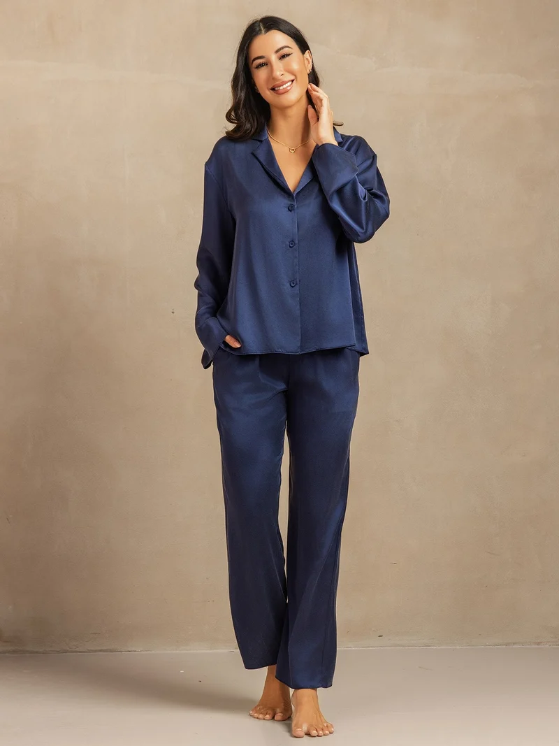 Clearance - 19Momme Waschbare Seide Langarm Notch Kragen Damen Schlafanzug Set