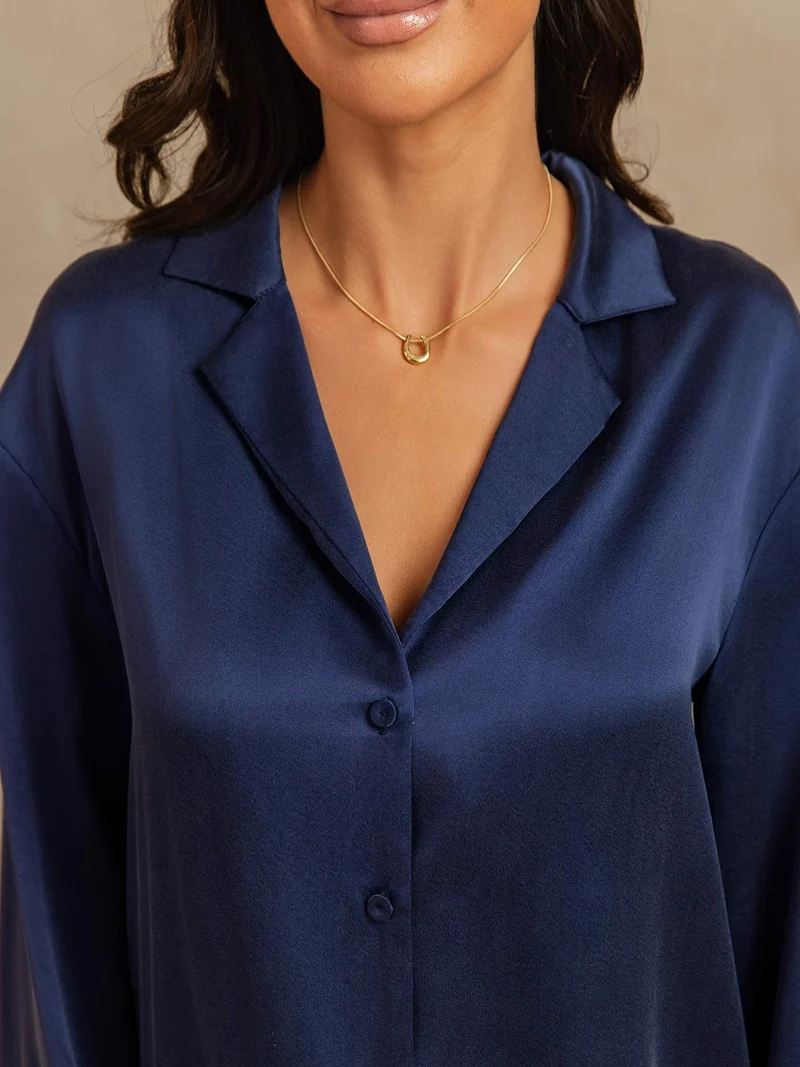 Clearance - 19Momme Waschbare Seide Langarm Notch Kragen Damen Schlafanzug Set