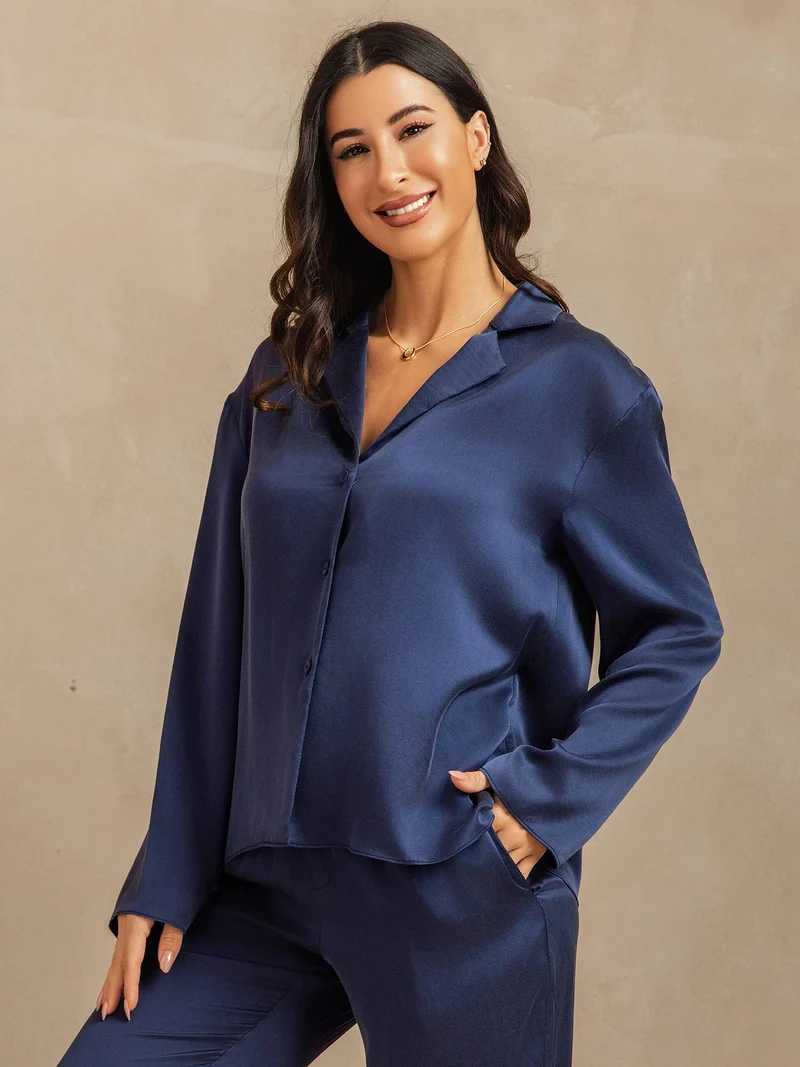 Clearance - 19Momme Waschbare Seide Langarm Notch Kragen Damen Schlafanzug Set