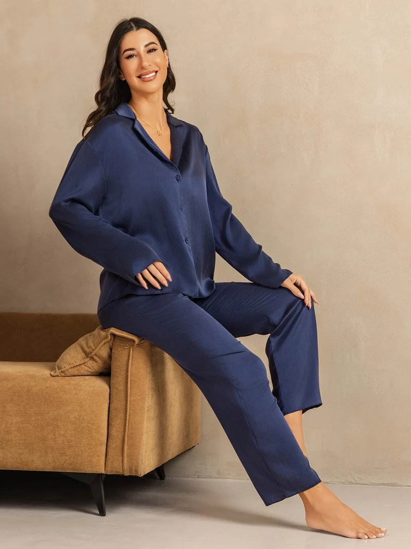 Clearance - 19Momme Waschbare Seide Langarm Notch Kragen Damen Schlafanzug Set