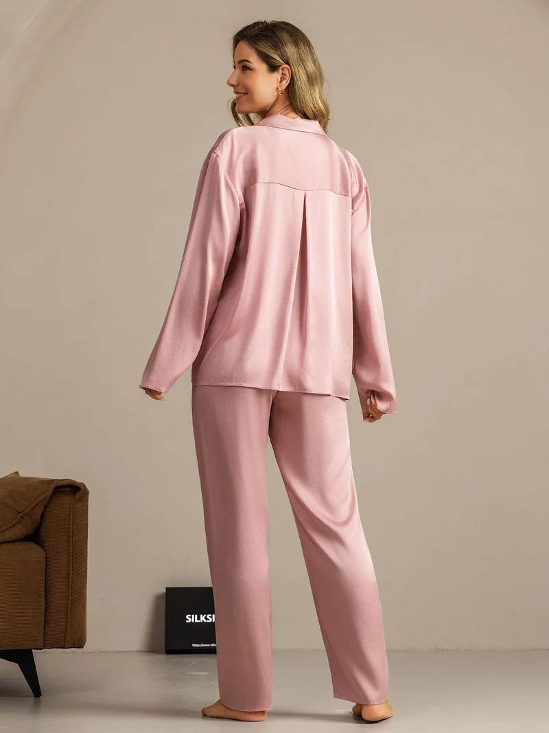 Clearance - 19Momme Waschbare Seide Langarm Notch Kragen Damen Schlafanzug Set