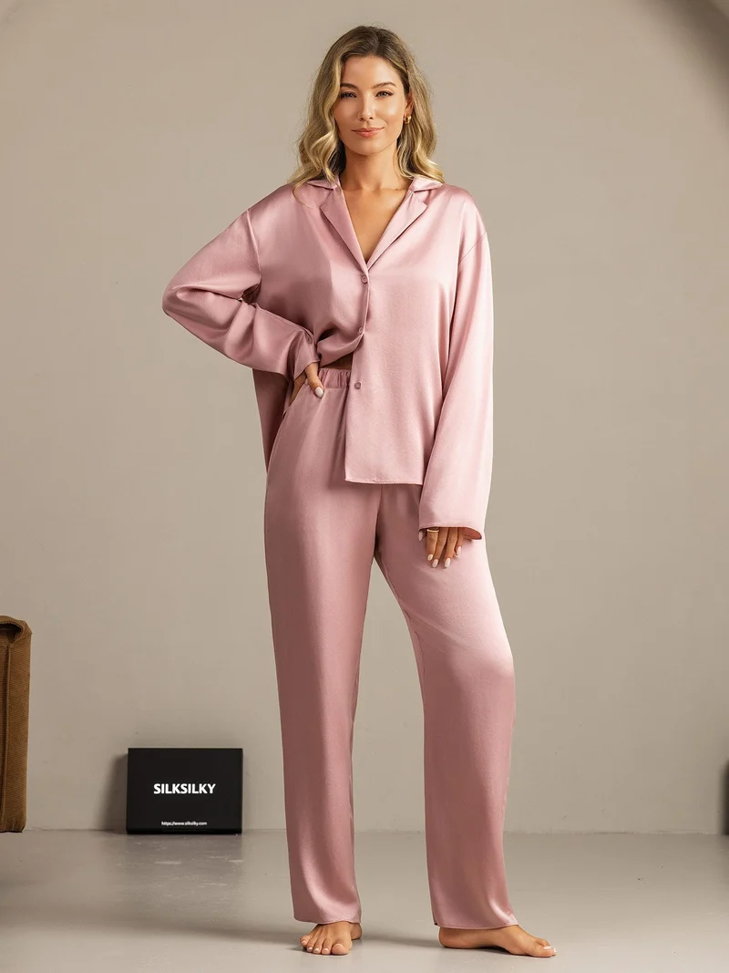 Clearance - 19Momme Waschbare Seide Langarm Notch Kragen Damen Schlafanzug Set
