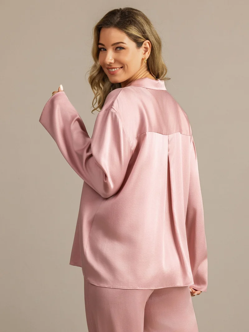 Clearance - 19Momme Waschbare Seide Langarm Notch Kragen Damen Schlafanzug Set