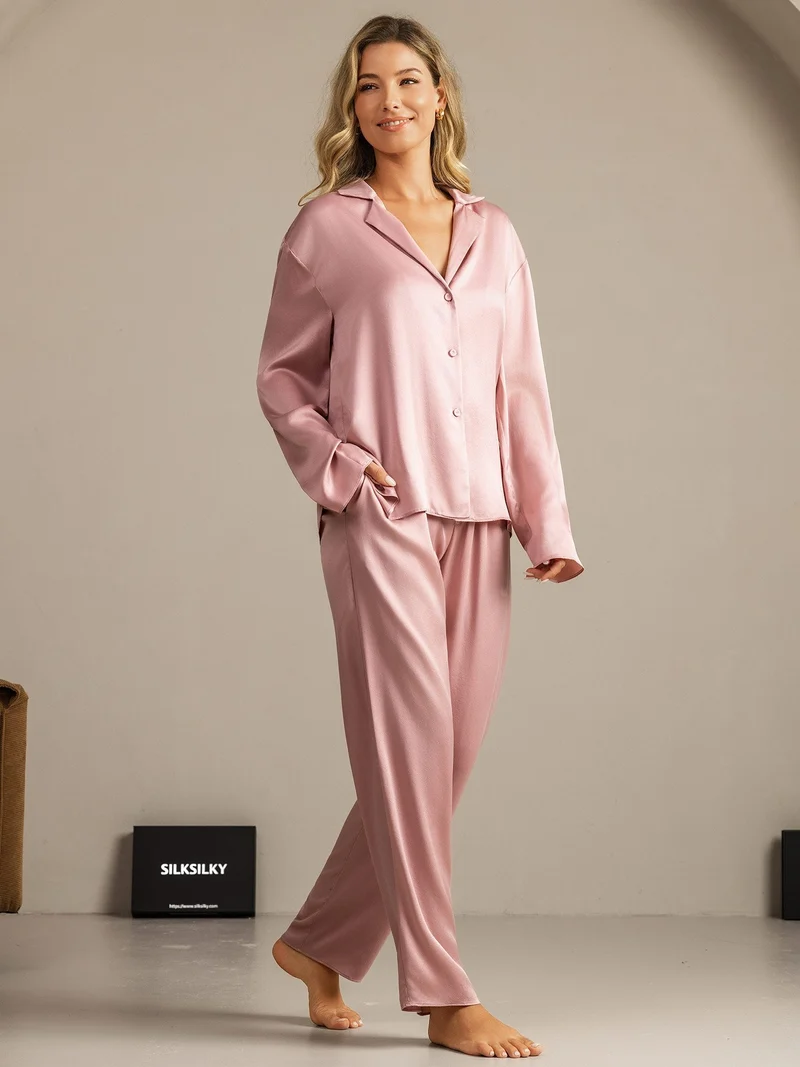 Clearance - 19Momme Waschbare Seide Langarm Notch Kragen Damen Schlafanzug Set