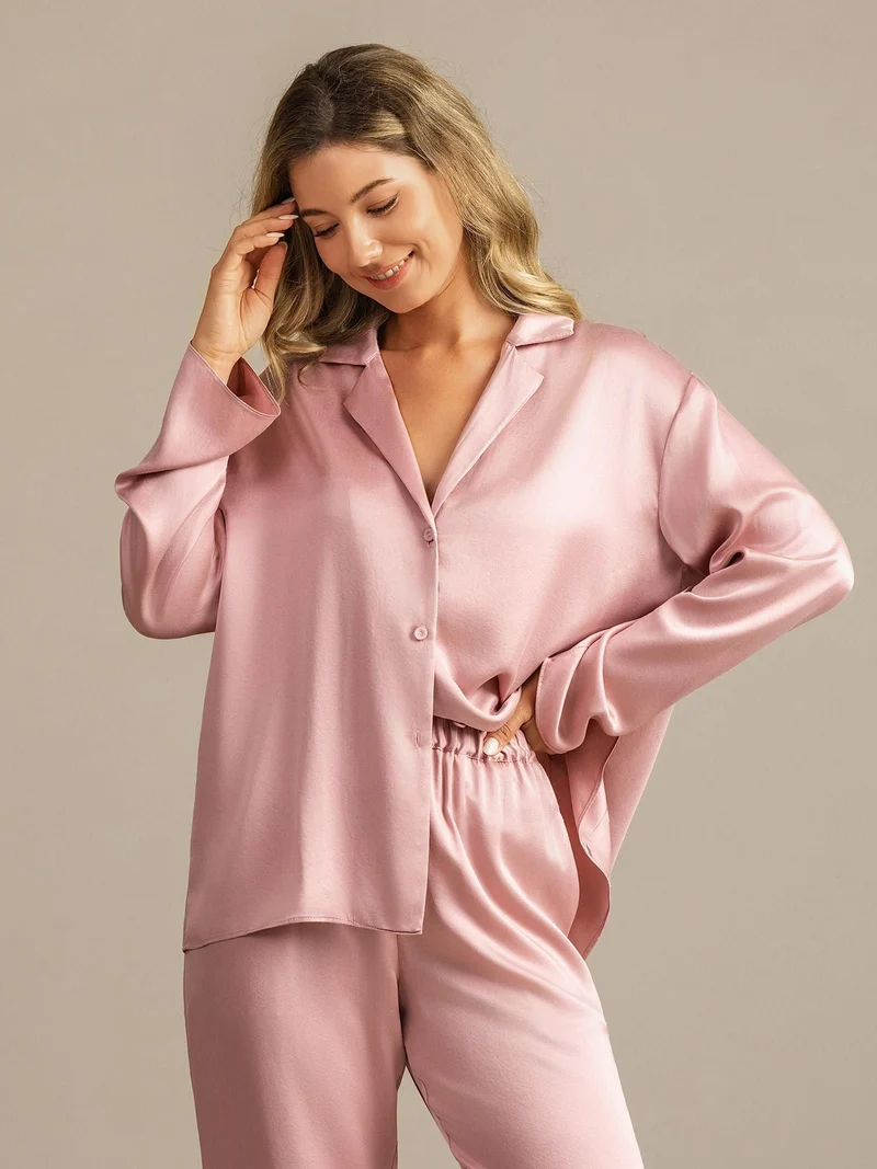 Clearance - 19Momme Waschbare Seide Langarm Notch Kragen Damen Schlafanzug Set