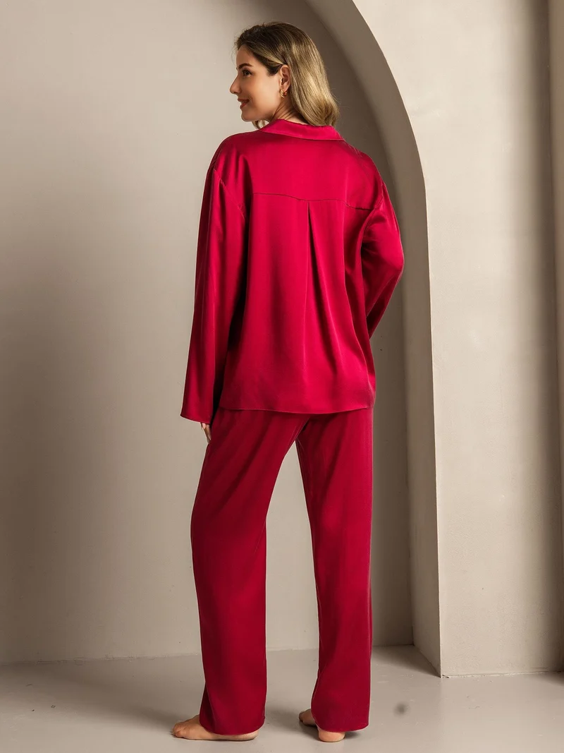 Clearance - 19Momme Waschbare Seide Langarm Notch Kragen Damen Schlafanzug Set