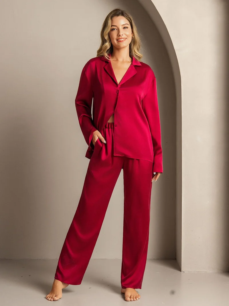 Clearance - 19Momme Waschbare Seide Langarm Notch Kragen Damen Schlafanzug Set