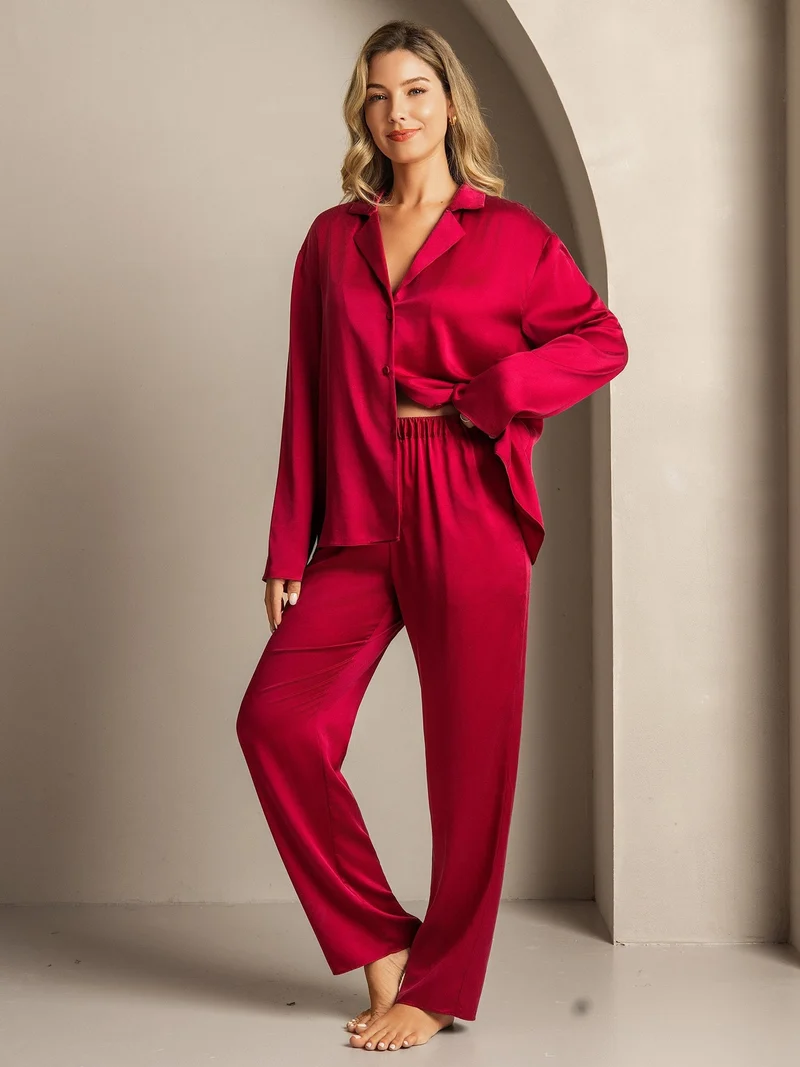 Clearance - 19Momme Waschbare Seide Langarm Notch Kragen Damen Schlafanzug Set