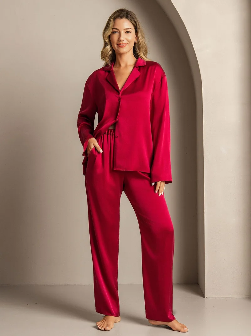 Clearance - 19Momme Waschbare Seide Langarm Notch Kragen Damen Schlafanzug Set
