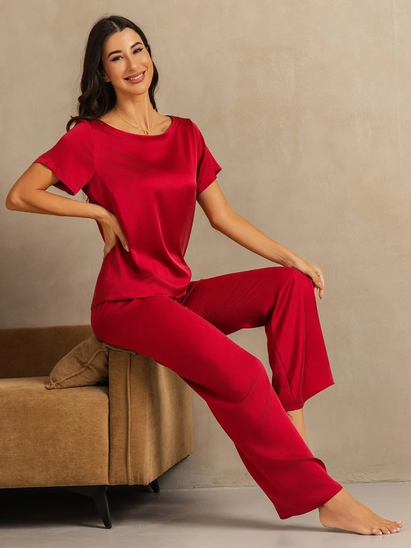 Clearance - 19 Momme Damen Waschbare Seide Kurzarm Pyjama Set