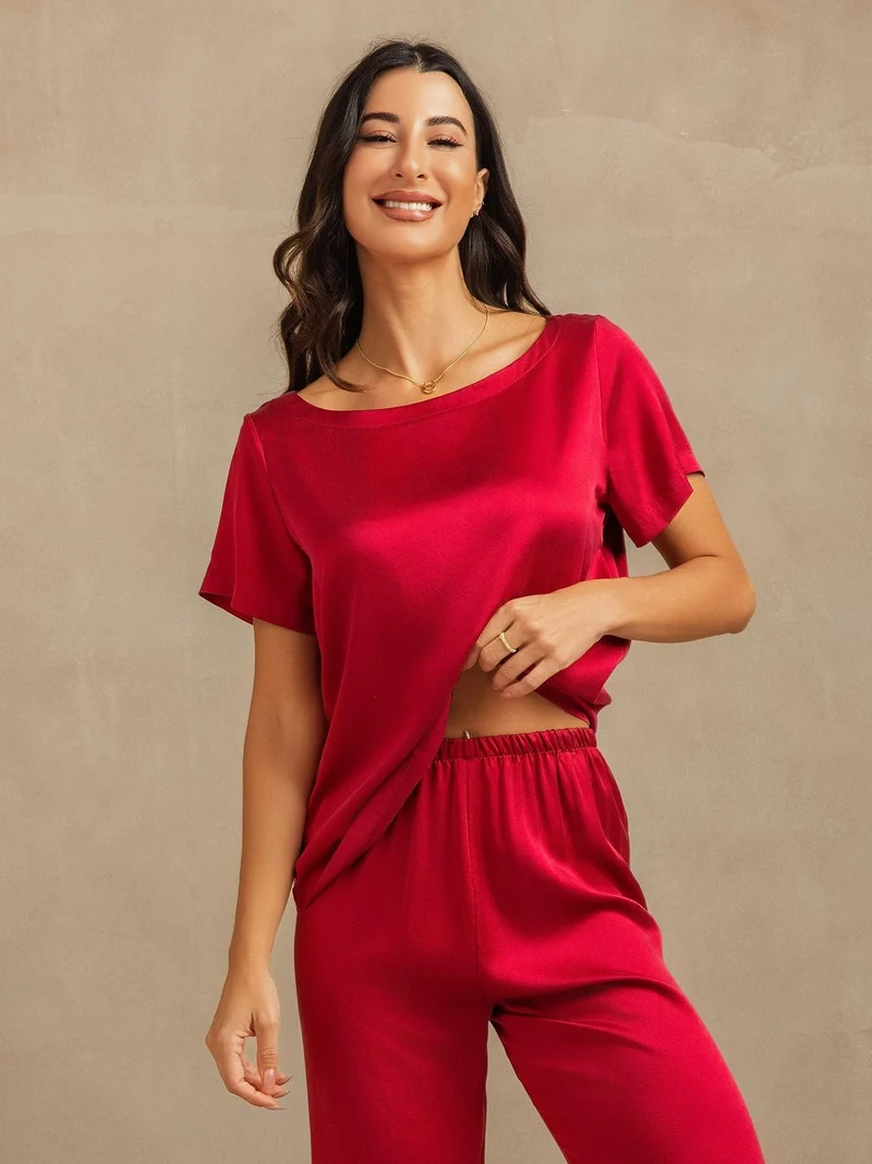 Clearance - 19 Momme Damen Waschbare Seide Kurzarm Pyjama Set