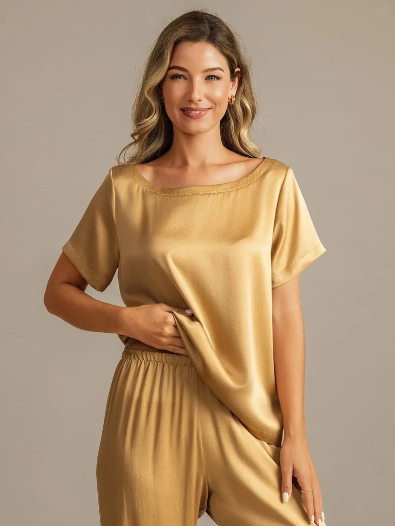 Clearance - 19 Momme Damen Waschbare Seide Kurzarm Pyjama Set
