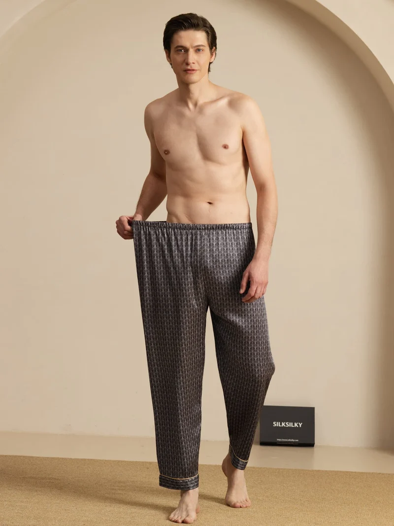 Reine Seide Herren-Schlafhose mit marineblauem Ginkgomuster und Elastikbund