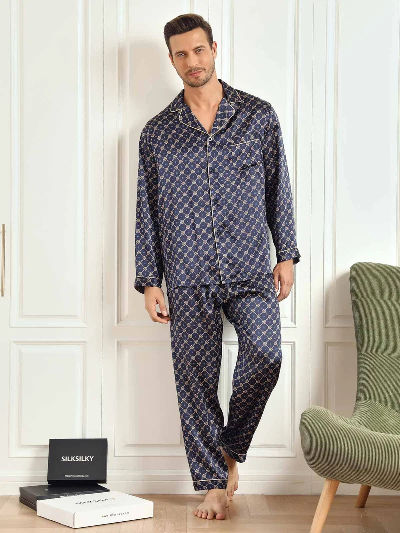 100% Maulbeerseide Herren-Langarm-Pyjama-Set mit marineblauem Kettenmuster und Hose