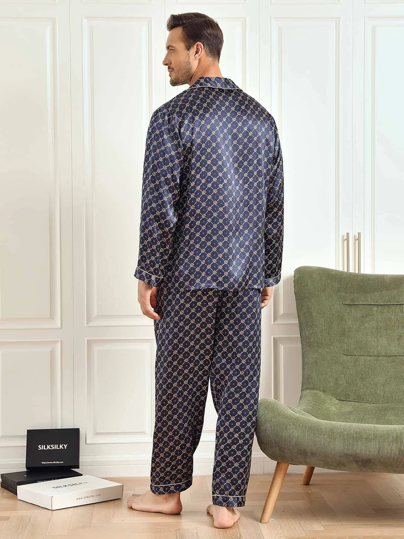 100% Maulbeerseide Herren-Langarm-Pyjama-Set mit marineblauem Kettenmuster und Hose