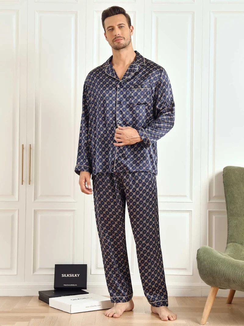 100% Maulbeerseide Herren-Langarm-Pyjama-Set mit marineblauem Kettenmuster und Hose