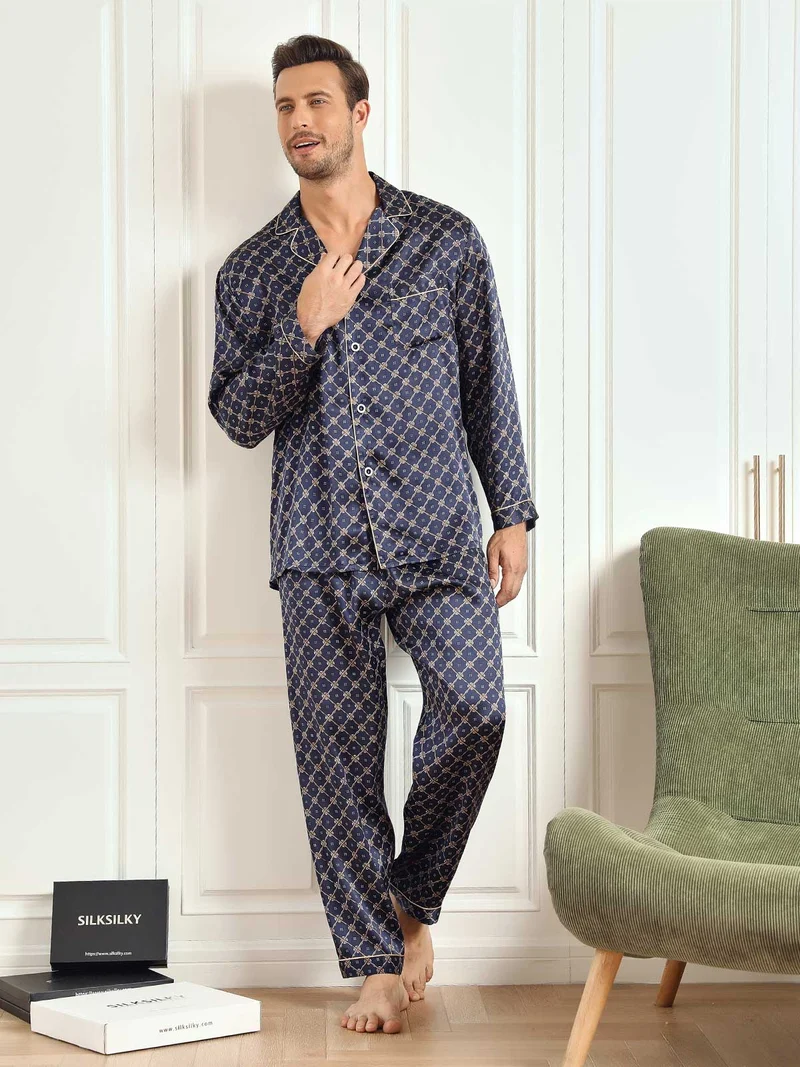 100% Maulbeerseide Herren-Langarm-Pyjama-Set mit marineblauem Kettenmuster und Hose