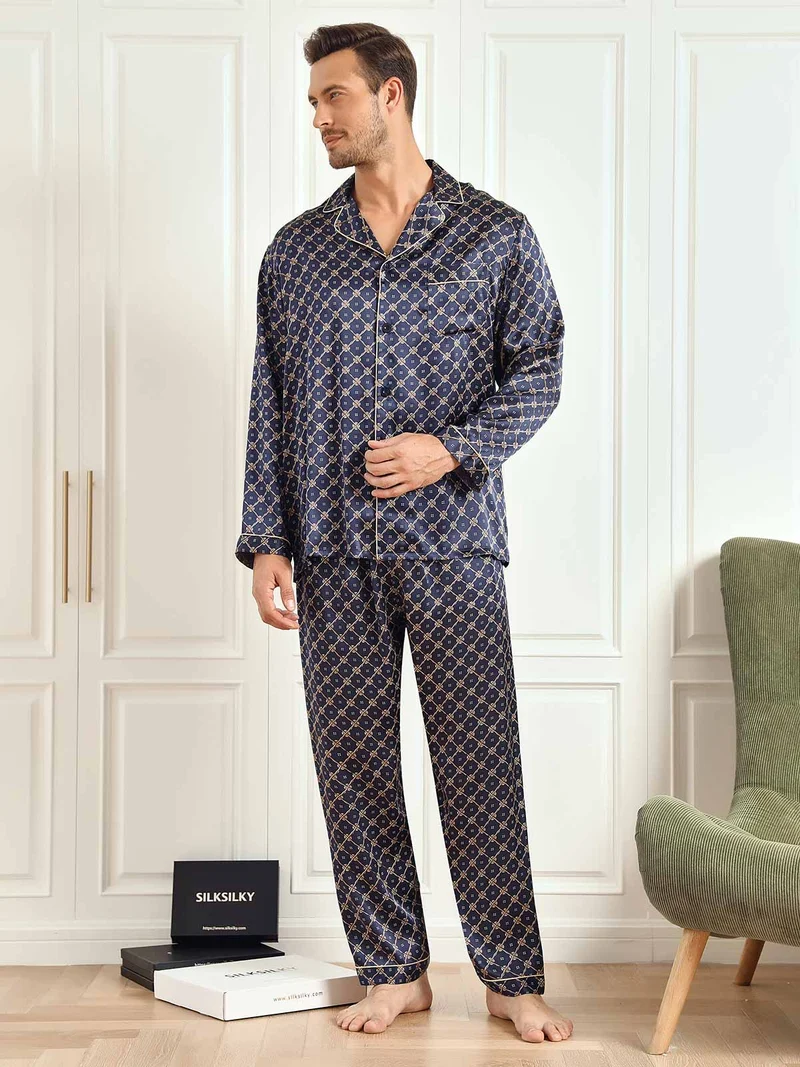 100% Maulbeerseide Herren-Langarm-Pyjama-Set mit marineblauem Kettenmuster und Hose